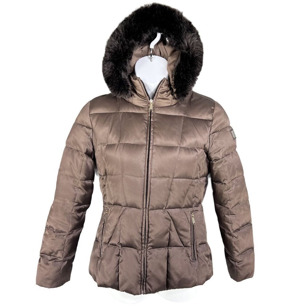 Calvin Klein Womens M Metallic Brown Puffer Lined Jacket Faux Fur Hood Duck Down